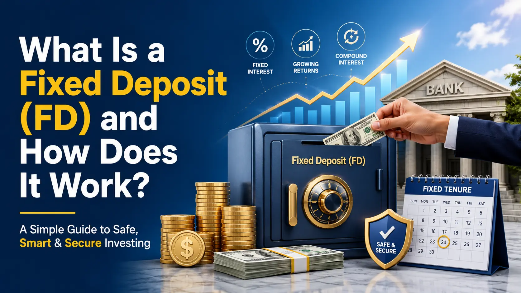 Illustration showing a Fixed Deposit (FD) with a bank vault, growing savings, coins, and interest chart explaining how a fixed deposit works.