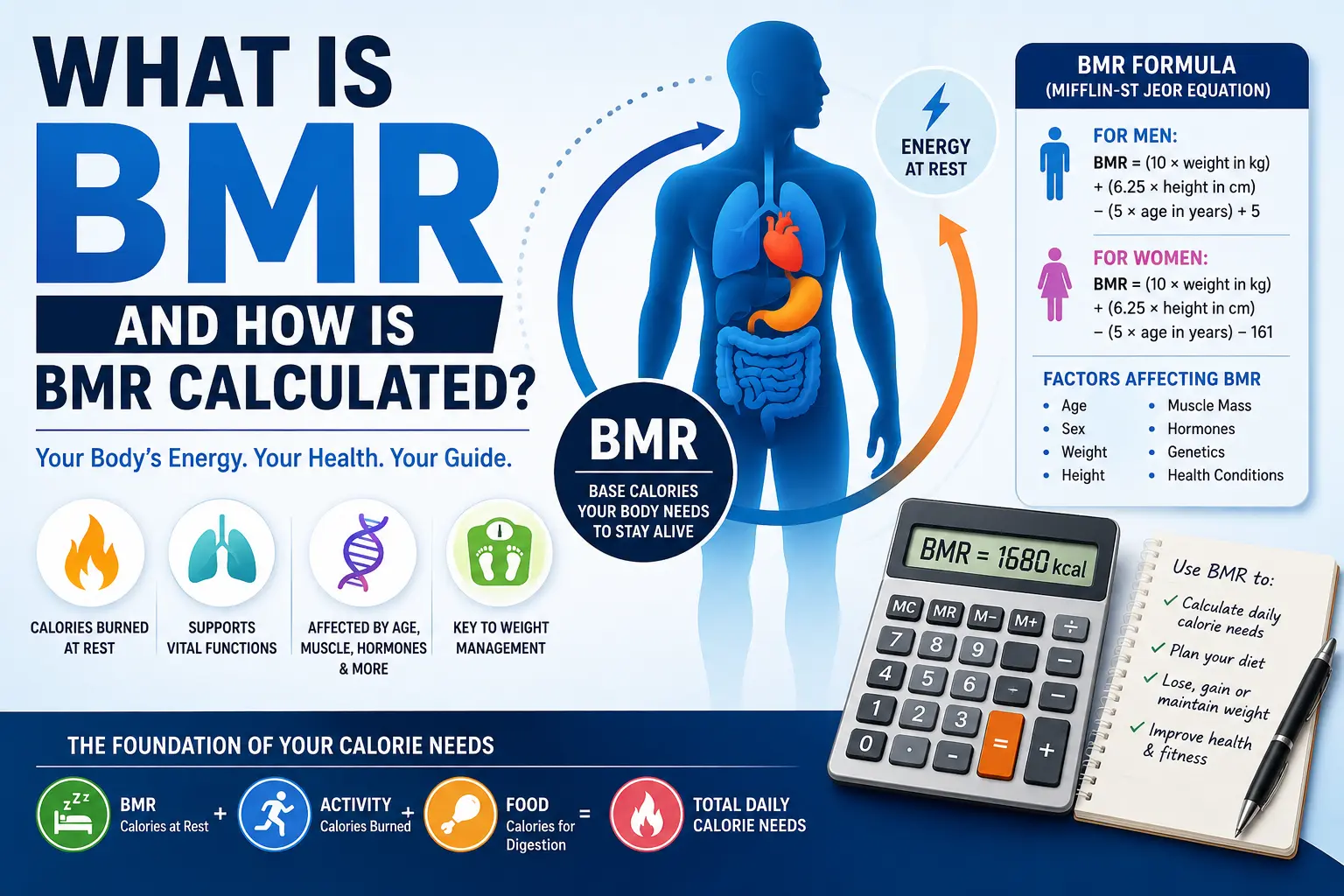What Is BMR and How Is BMR Calculated infographic showing basal metabolic rate formula and calorie needs