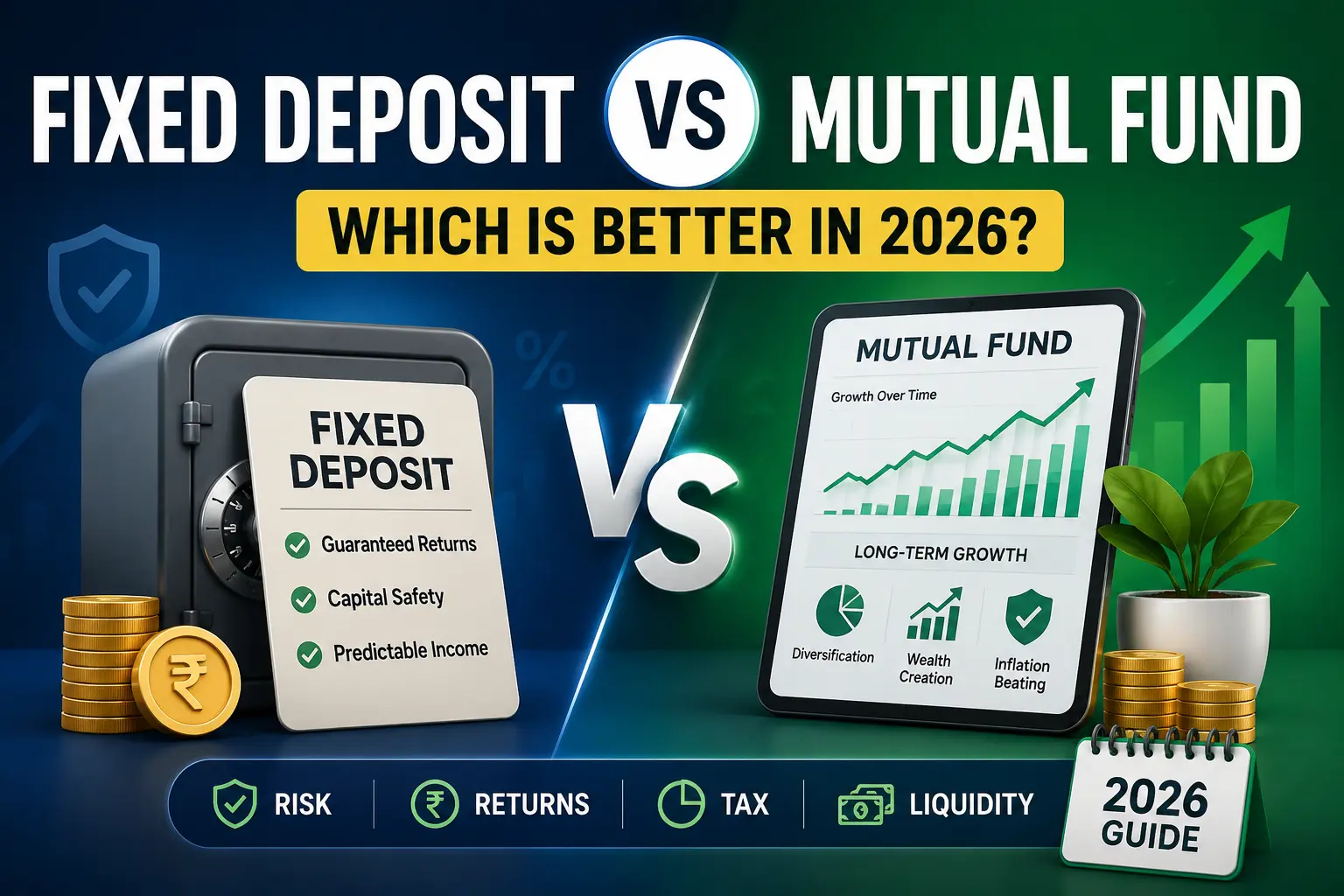 Fixed Deposit vs Mutual Fund comparison in 2026 showing guaranteed FD returns versus long-term mutual fund growth.