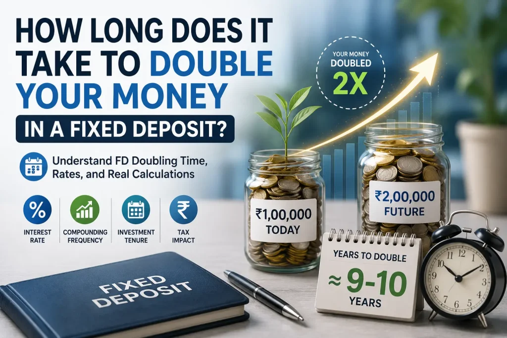 Illustration showing how long it takes to double your money in a fixed deposit using the Rule of 72, compound interest, and FD interest rates.