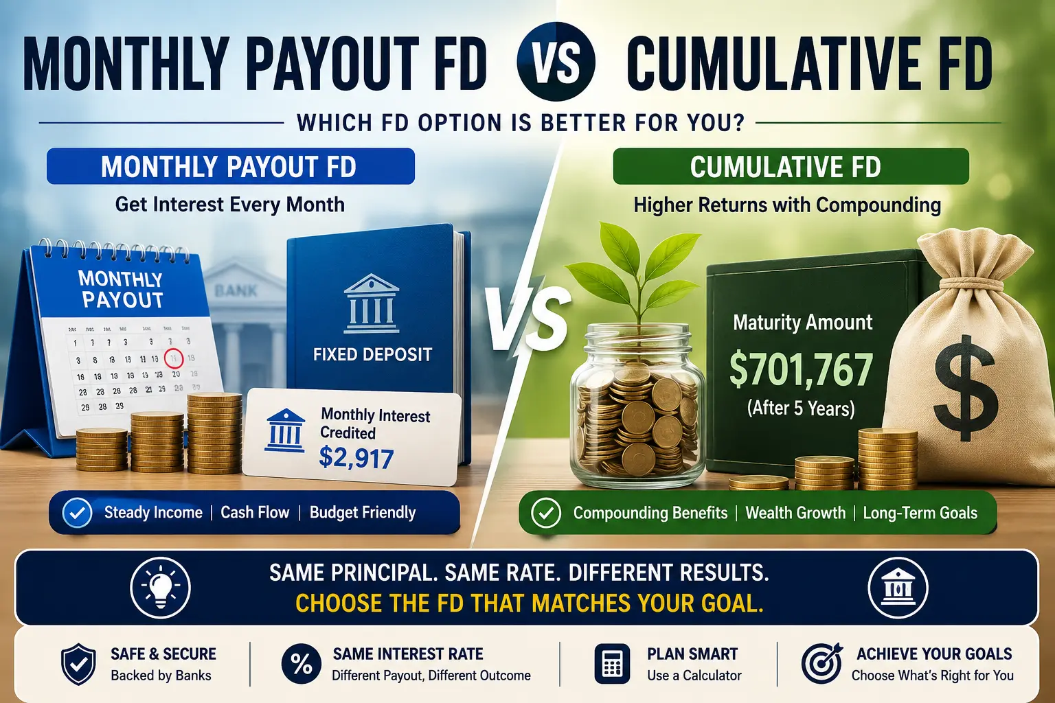Monthly Payout FD vs Cumulative FD comparison showing regular monthly income versus higher compounded maturity returns.