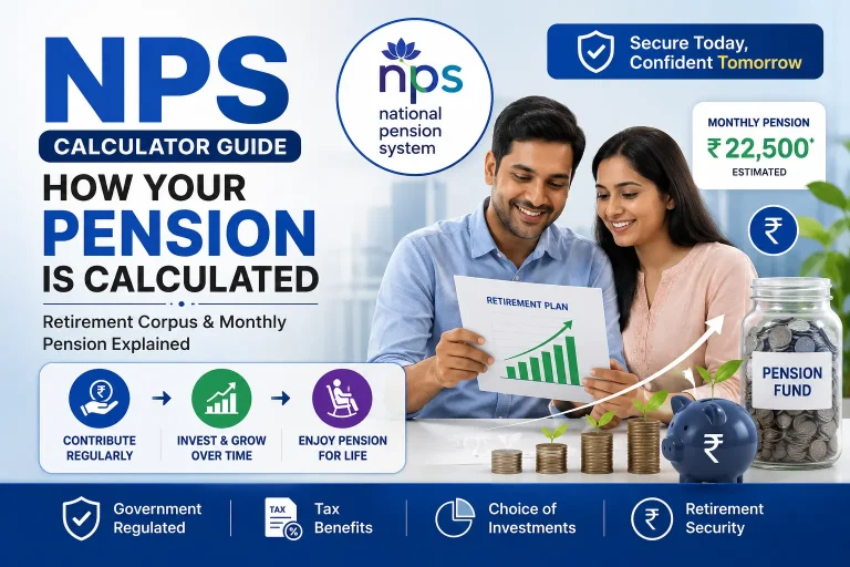 National Pension System (NPS) calculator guide showing an Indian couple reviewing retirement plans, pension fund growth chart, retirement corpus calculation, monthly pension estimate, and long-term retirement savings concept.