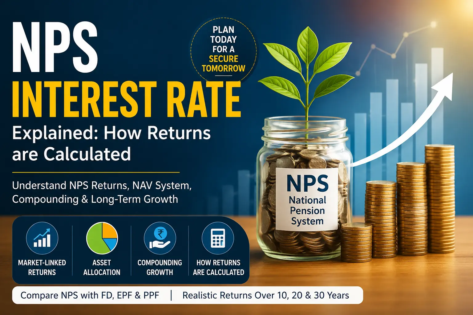 Illustration explaining how NPS interest rate works using market-linked returns, NAV, compounding, and retirement growth.