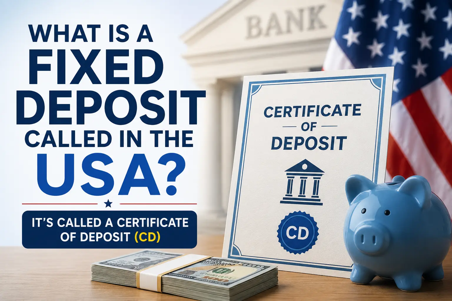 What is a Fixed Deposit called in the USA? Certificate of Deposit (CD) illustration with US flag, bank certificate, piggy bank, and dollar bills.