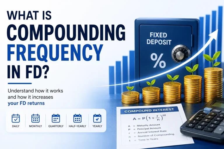 What is compounding frequency in fixed deposit showing daily, monthly, quarterly, half-yearly and yearly compounding with growing investment chart.